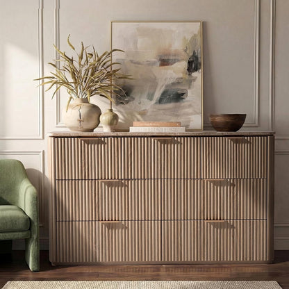 54.5" Wide 7 Drawer Storage Dresser, Curved-Corner Modern Oak Chest of Drawers for Bedroom with Faux Marble Top