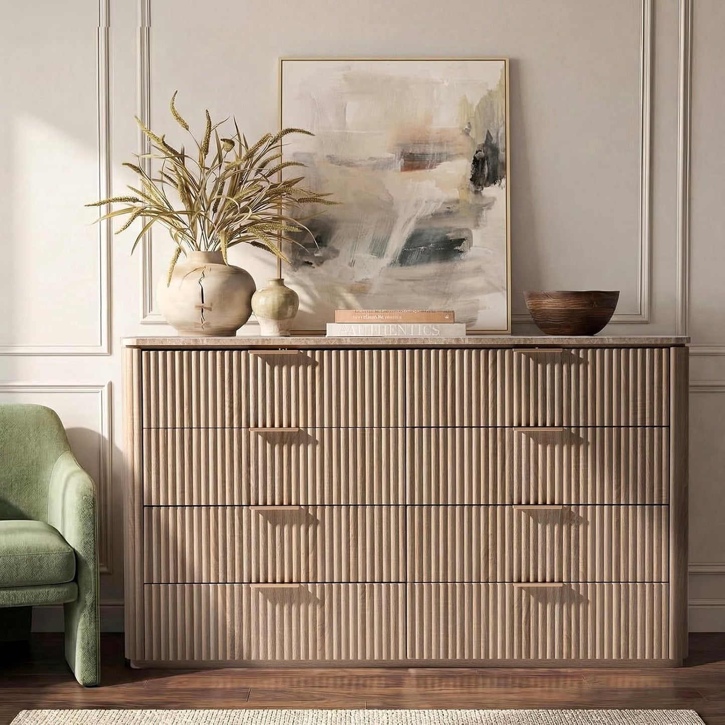 54.5" Wide 8 Drawer Double Dresser, Modern Oak Fluted Wood Bedroom Storage Cabinet with Faux Marble Top