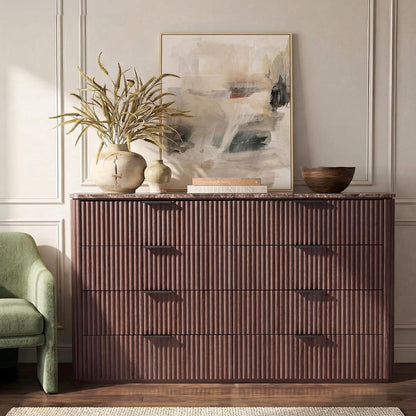 54.5" Wide 8 Drawer Double Dresser with Faux Marble Top, Walnut Fluted Storage Cabinet for Bedroom Living Room