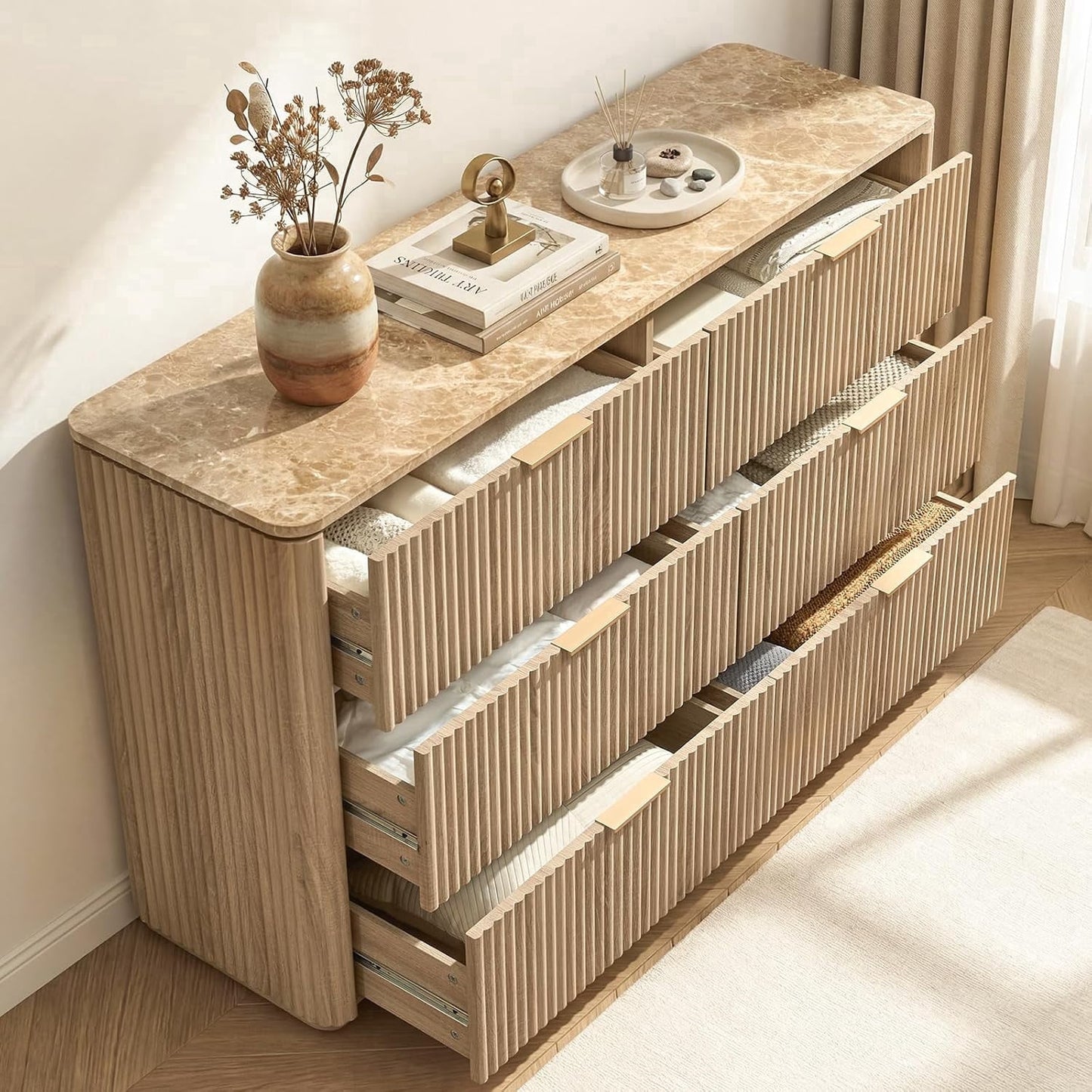 54.5" Wide 6 Drawer Dresser for Bedroom with Faux Marble Top, Modern Curved-Corner Fluted Oak Storage Cabinet