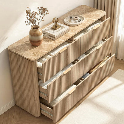 54.5" Wide 6 Drawer Dresser for Bedroom with Faux Marble Top, Modern Curved-Corner Fluted Oak Storage Cabinet