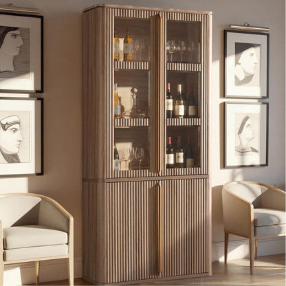 77" Tall Fluted Accent Cabinet with Glass Doors, Oak Storage Cabinet with Faux Marble Top and Adjustable Shelves for Living Room Bedroom Dining Room Office
