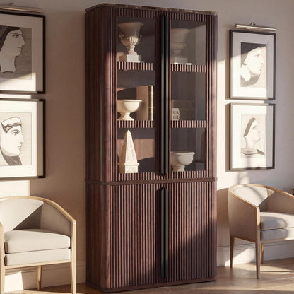77" Tall Modern Fluted Storage Cabinet, Walnut Glass Door Accent Cabinet with Adjustable Shelves for Living Room Bedroom Office