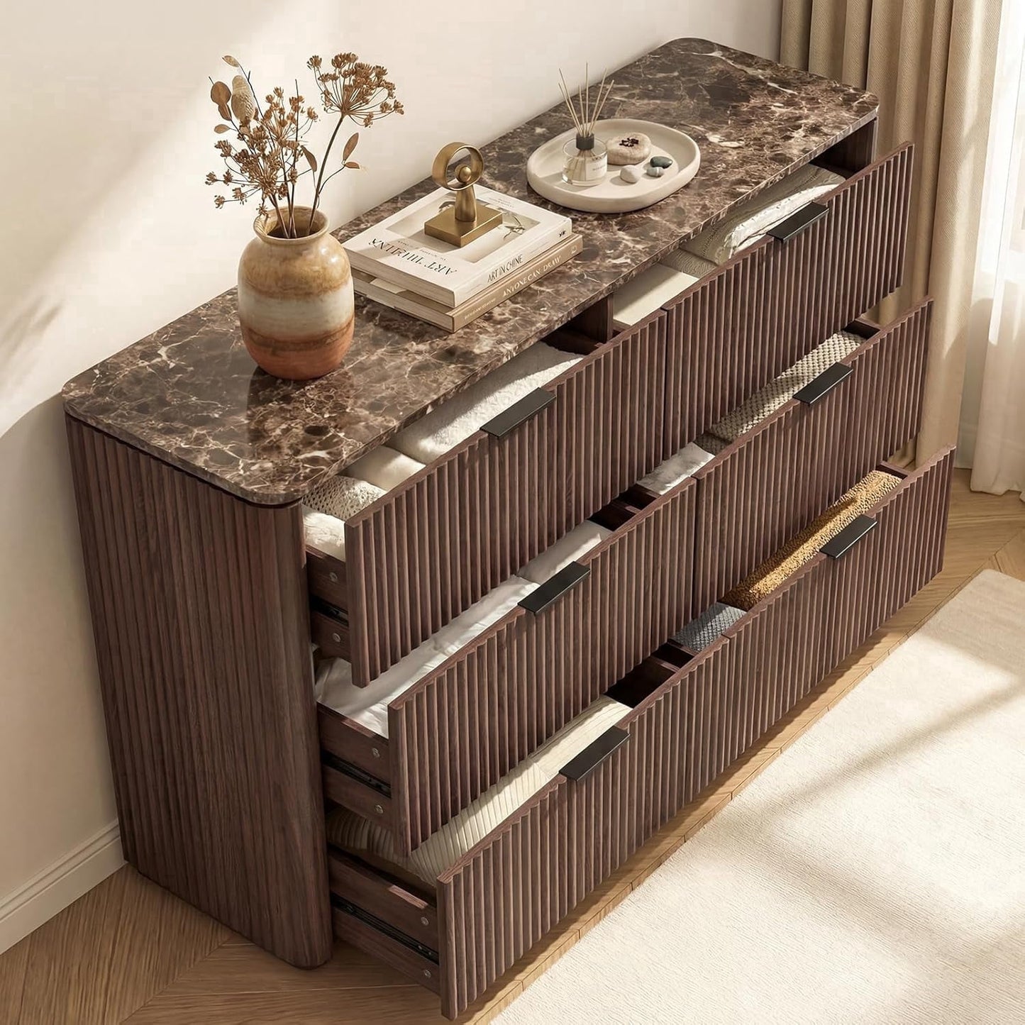 54.5" Wide 6 Drawer Bedroom Dresser with Faux Marble Top, Modern Walnut Fluted Chest of Drawers for Storage