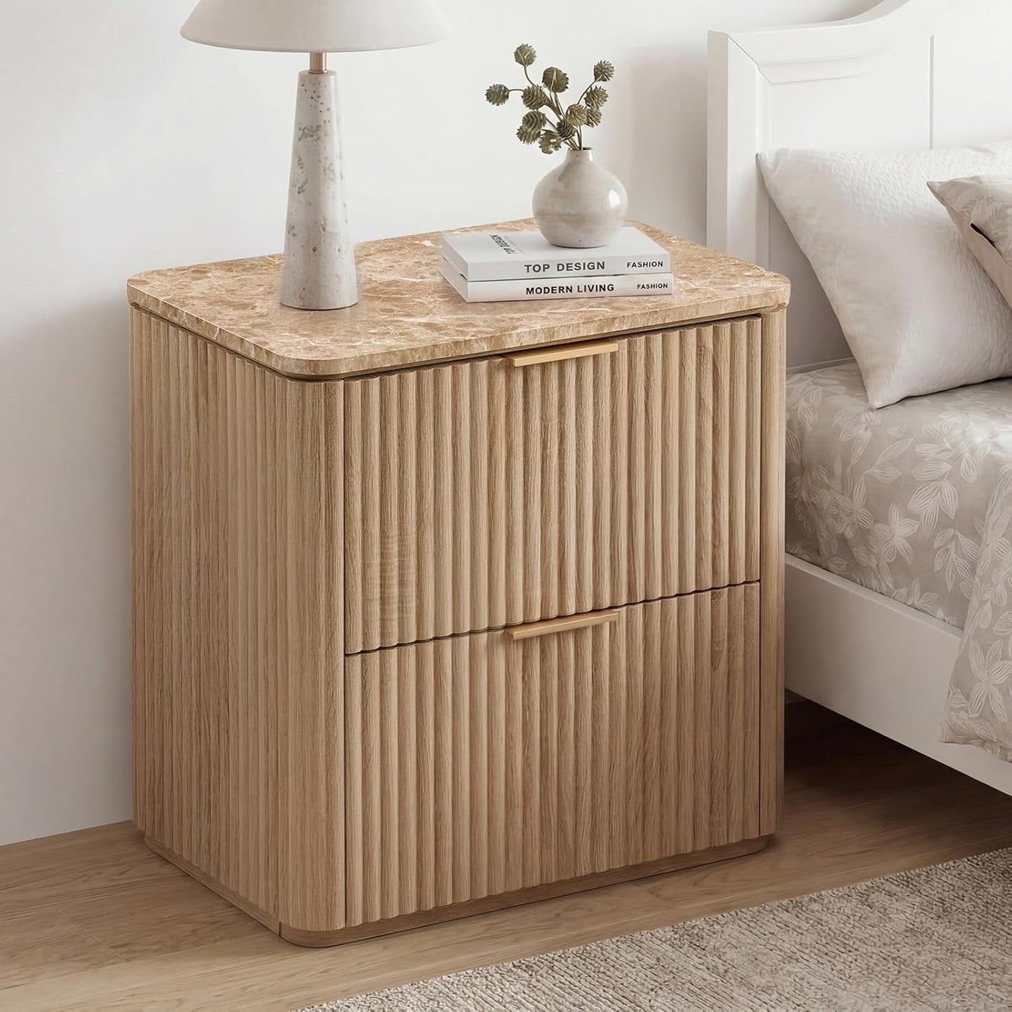 24"H Modern Fluted Nightstand with 2 Drawer and Faux Marble Top, Light Wood Oak Bedside Table for Bedroom