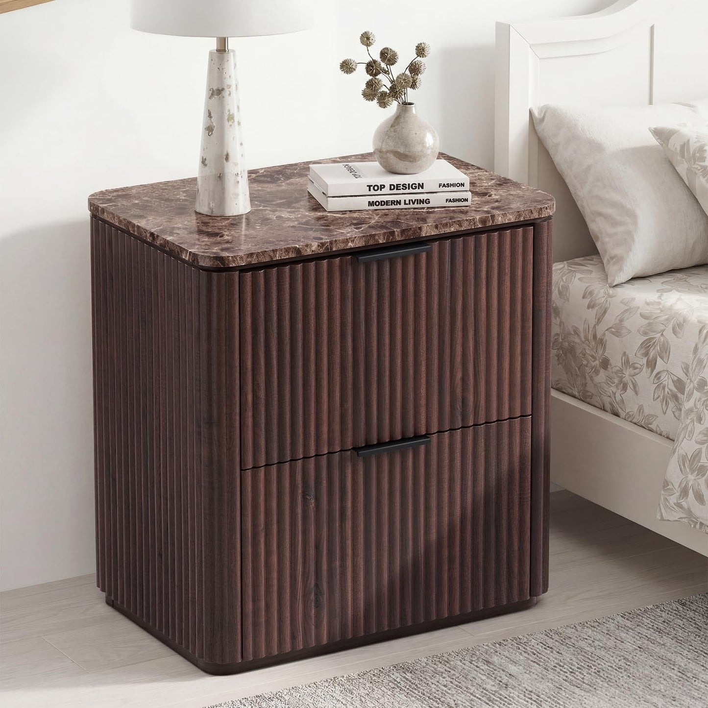 2 Drawer Walnut Nightstand with Faux Marble Top, 24"H Modern Luxury Fluted Bedside Table for Bedroom & Living Room
