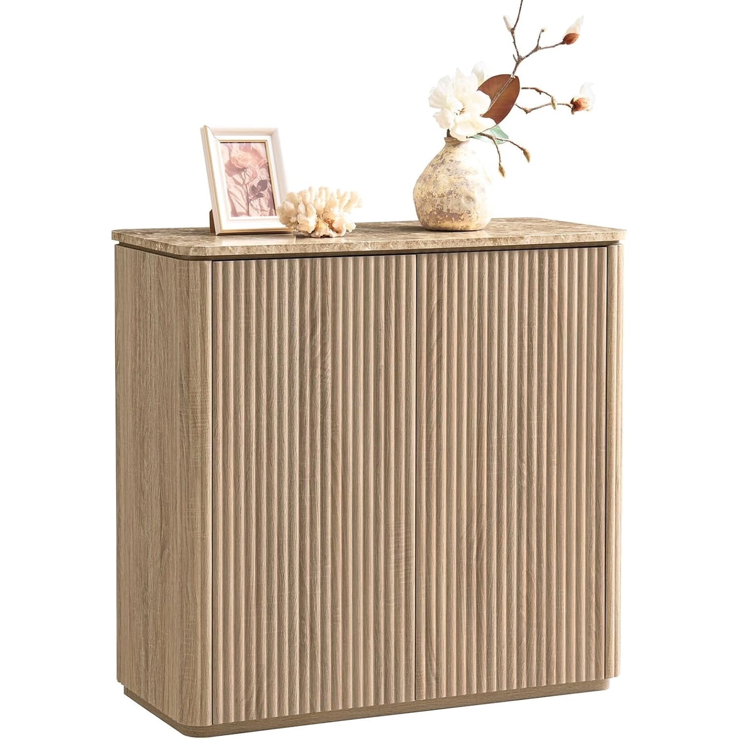 Sideboard Buffet Cabinet with Storage, 2 Doors 35'' Fluted Credenza Kitchen Cabinet Storage with Adjustable Shelves for Living Room, Entryway, Kitchen, Natural Oak