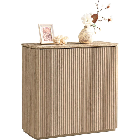 Sideboard Buffet Cabinet with Storage, Hvoonc 2 Doors 35'' Fluted Credenza Kitchen Cabinet Storage with Adjustable Shelves for Living Room, Entryway, Kitchen, Natural Oak