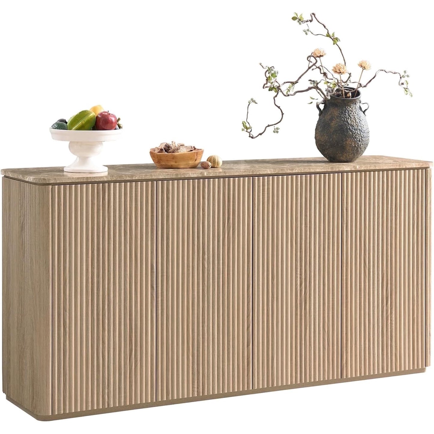 Sideboard Buffet Cabinet with Storage, Hvoonc 4 Doors 65'' Fluted Credenza Kitchen Cabinet Storage with Adjustable Shelves for Living Room, Entryway, Kitchen, Natural Oak