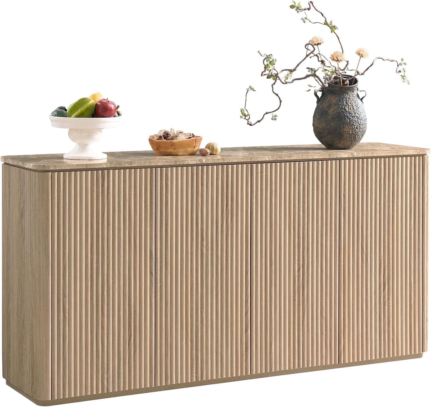 4 Doors 65'' Sideboard Buffet Cabinet with Storage, Oak Fluted Credenza Kitchen Cabinet Storage with Adjustable Shelves for Living Room, Entryway, Kitchen