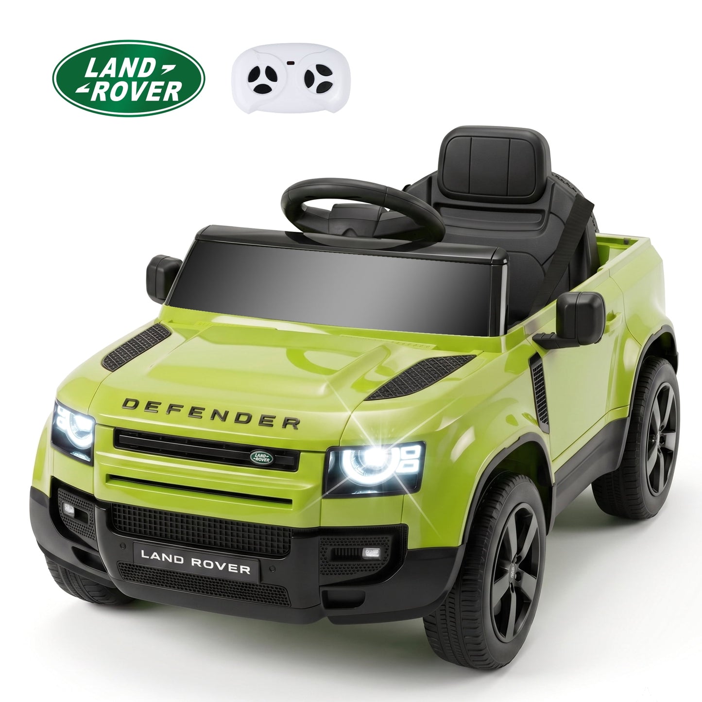 SaveJoy 12V Licensed Land Rover Defender Ride on Car, Electric Truck for Kids with 2.4G Remote Control, 3-Point Belt, Spring Suspension, Bluetooth, Green
