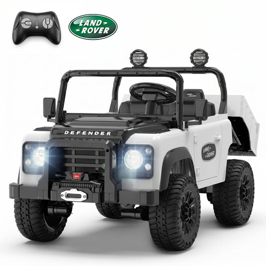 SaveJoy Licensed Land Rover Defender 24V 2-Seater Ride-On, 4WD 400W Electric Truck with Motorized Dump Bed & Remote,White