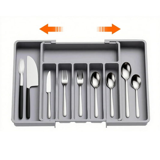 ORFELD Extendable Utensil Tray for Drawer,Multipurpose Kitchen Organizers and Storage Solution，Adjustable BPA-Free Cutlery Holder for Spoons, Forks, Grey
