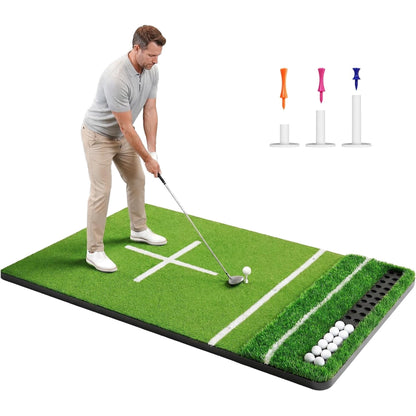 ORFELD 5.2x4ft Golf Hitting Mat with 10 Hitting Holes, Dual Turf Golf Putting Mat with Ball Tray, Alignment Aid Practice Mat Putting Green for Indoor & Outdoor