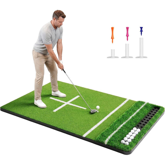 ORFELD 5.2x4ft Golf Hitting Mat with 10 Hitting Holes, Dual Turf Golf Putting Mat with Ball Tray, Alignment Aid Practice Mat Putting Green for Indoor & Outdoor