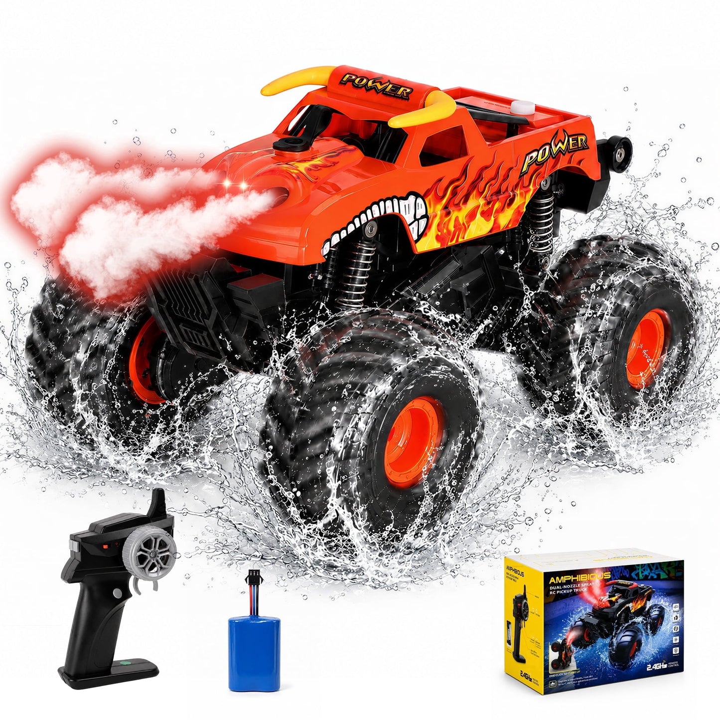 SaveJoy Remote Control Car, 1:20 4WD Amphibious RC Monster Truck with Dual Spray, Waterproof Stunt Vehicle Gift for Boys 6-12
