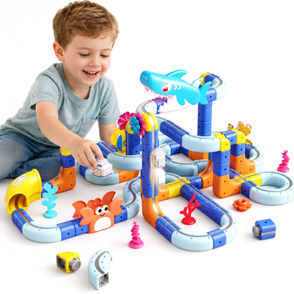 SaveJoy 193PCS Ocean Theme Track Race Car Set,STEM Building Toy with Electric Vehicle, DIY Construction Train Set for Boys Girls Ages 3-12
