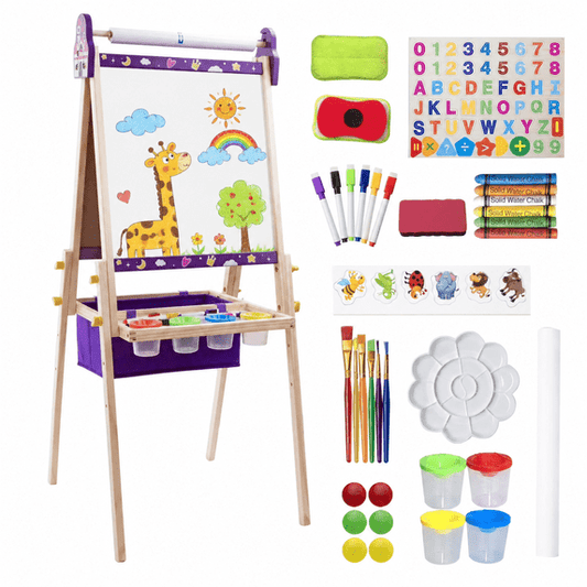 SaveJoy Kids Art Easel, Wooden 3-in-1 Double-Sided Adjustable Easel with Accessories, Purple, Ages 3+