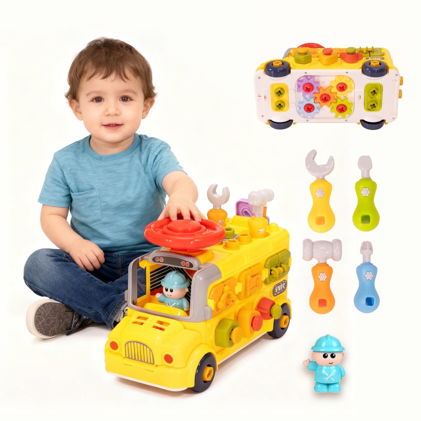 SaveJoy Baby Learning Toy Bus,Assemble Busy Toys Construction Building Vehicle,Engineering Truck Educational Gift for Kids Age 3＋