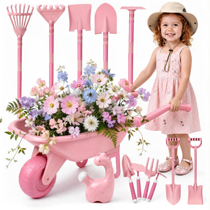 SaveJoy Kids Gardening Tools Set, Pink Toddler Garden Outdoor Toys, Kids Wheelbarrow with Watering Can, Shovel, Rake, Hoe, Outdoor Toys for Kids Age 4-8，Pink