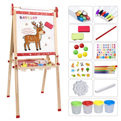 SaveJoy Kids Easel,Reindeer Adjustable Double-Sided Whiteboard,Wooden Toddlers Drawing Chalkboard with Paper & Art Supplies for 3-8 Boys Girls