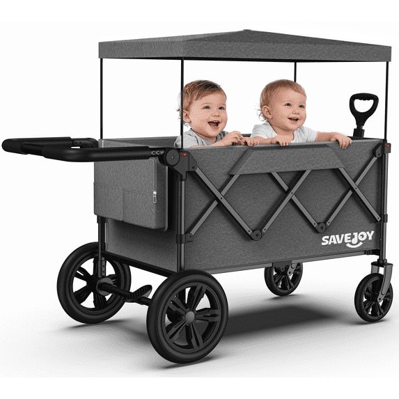 SaveJoy Wagon Stroller, Collapsible Stroller Wagon for 4 Passenger with Adjustable Canopy & 5-Point Harness, Black
