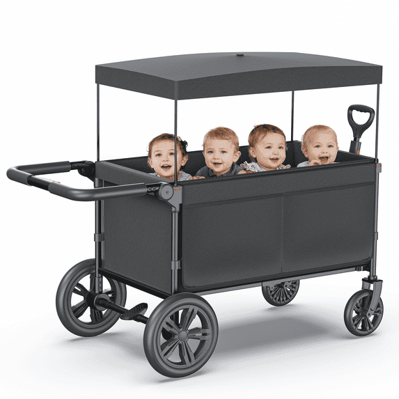 SaveJoy Wagon Stroller, Collapsible Stroller Wagon for 4 Passenger with Adjustable Canopy & 5-Point Harness, Black