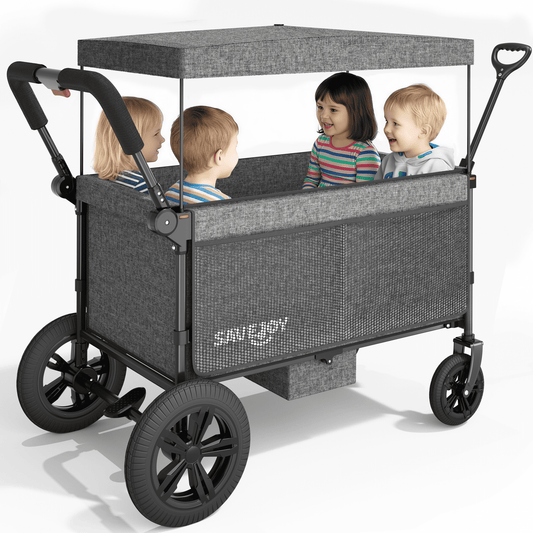 SaveJoy Wagon Stroller, Collapsible Stroller Wagon for 4 Passenger with Adjustable Canopy & 5-Point Harness, Black