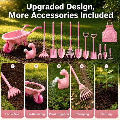 SaveJoy Kids Gardening Tools Set, Pink Toddler Garden Outdoor Toys, Kids Wheelbarrow with Watering Can, Shovel, Rake, Hoe, Outdoor Toys for Kids Age 4-8，Pink