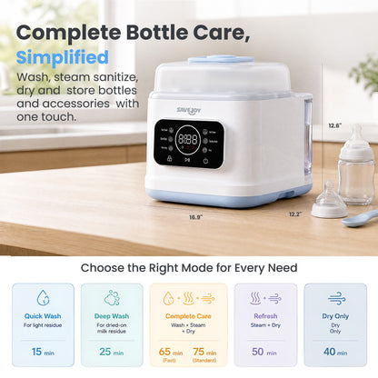 SaveJoy Baby Bottle Washer Sterilizer and Dryer, Automatic Bottle Cleaning Machine, Large Capacity for Baby Bottles, Breast Pump Parts and Pacifiers, 72H Storage