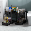 2-Tier Under Sink Organizer, Sliding Under Bathroom Cabinet Storage Drawer Organizer with Hooks, Hanging Cup, Multi-purpose Under Sink Shelf Organizer, Black