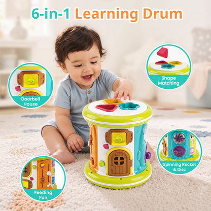 SaveJoy 6-in-1 Musical Activity Drum, Rolling Sensory Toy with Light-Up Hand Drum & Shape Sorter, Montessori Early Learning Gift for Toddlers 1-3
