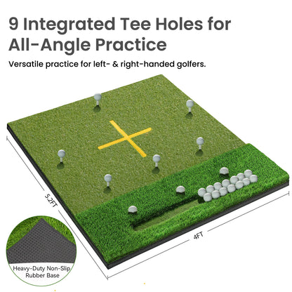 ORFELD 5.2 x 4 ft Golf Hitting Mat, 9-Hole Dual Turf Practice Mat with 18mm EVA Foam Base, Ball Tray, Alignment Guide, Indoor Outdoor