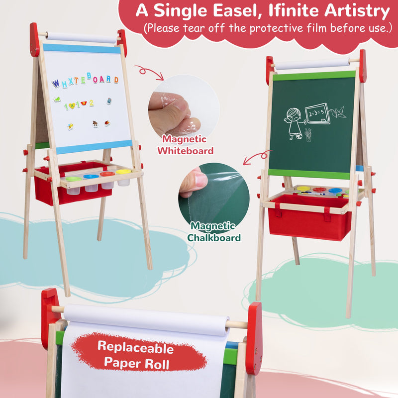 SaveJoy 3-in-1 Wooden Double Sided Kids Art Easel,Magnetic Whiteboard, Chalkboard and Paper Roll,Adjustable Standing Drawing Board with Accessories for Boys & Girls，Red