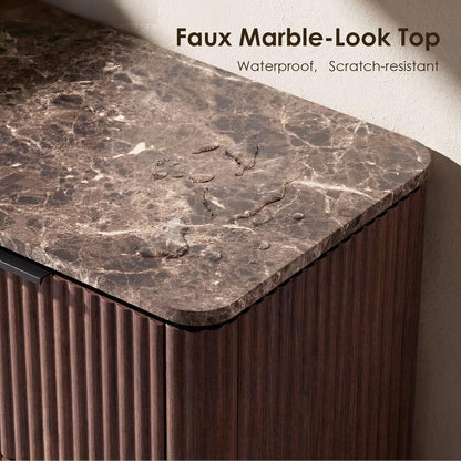 54.5" Wide 7 Drawer Dresser for Bedroom, Faux Marble Top Walnut Storage Cabinet with 2" Thick Side Board