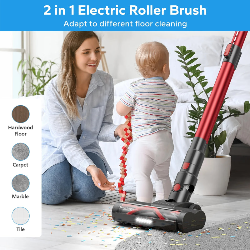 ORFELD Cordless Vacuum Cleaner, 45KPA Powerful Vacuum Cleaners for Home, Stick Vacuum Cordless with Anti-Tangle Roller Brush for Carpet,Hardwood Floor,Pet Hair,A16 Red