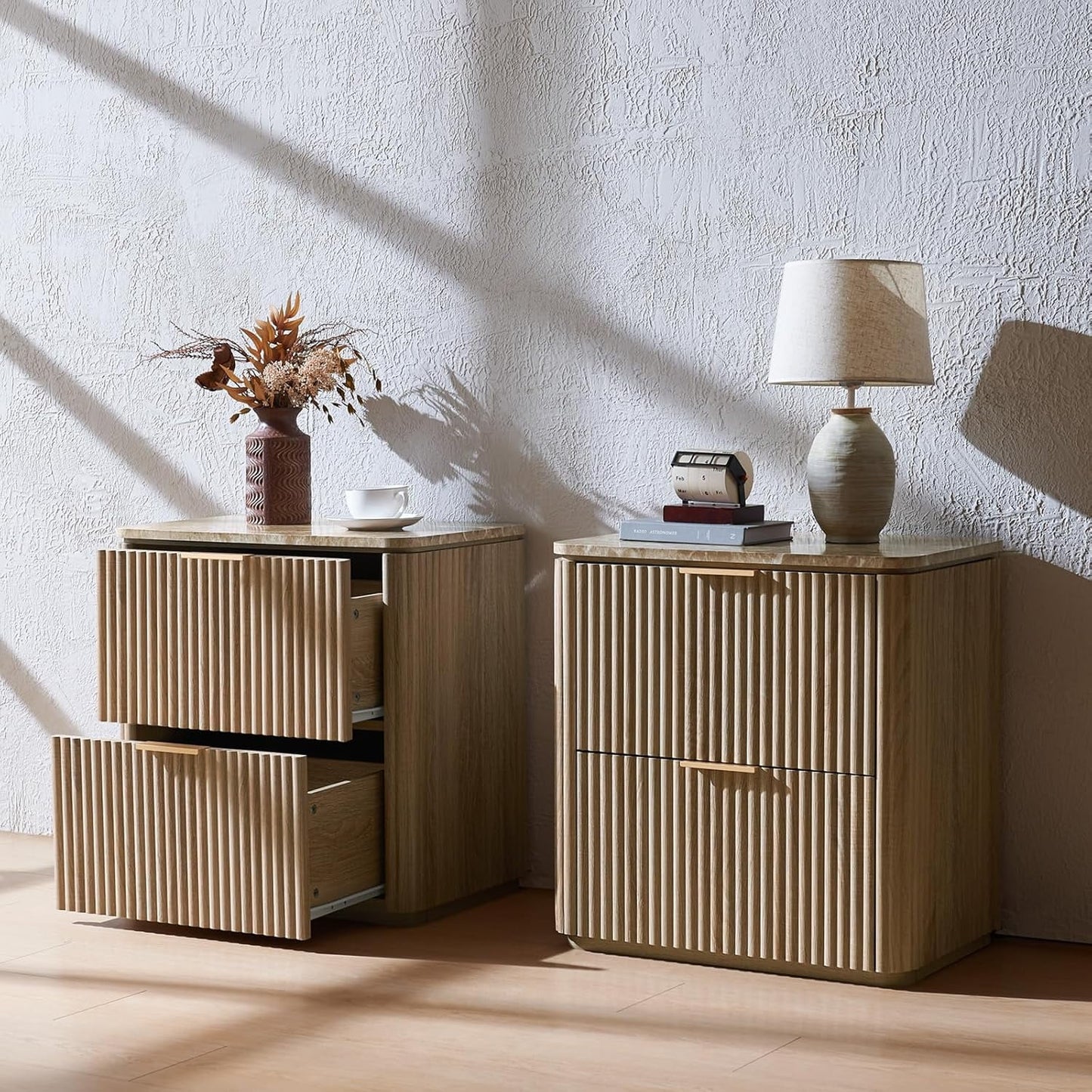 Hvoonc Fluted Nightstand with 2 Drawers, Solid Wood & Faux Marble Bedside Table, Modern Accent Furniture for Bedroom, Natural Oak