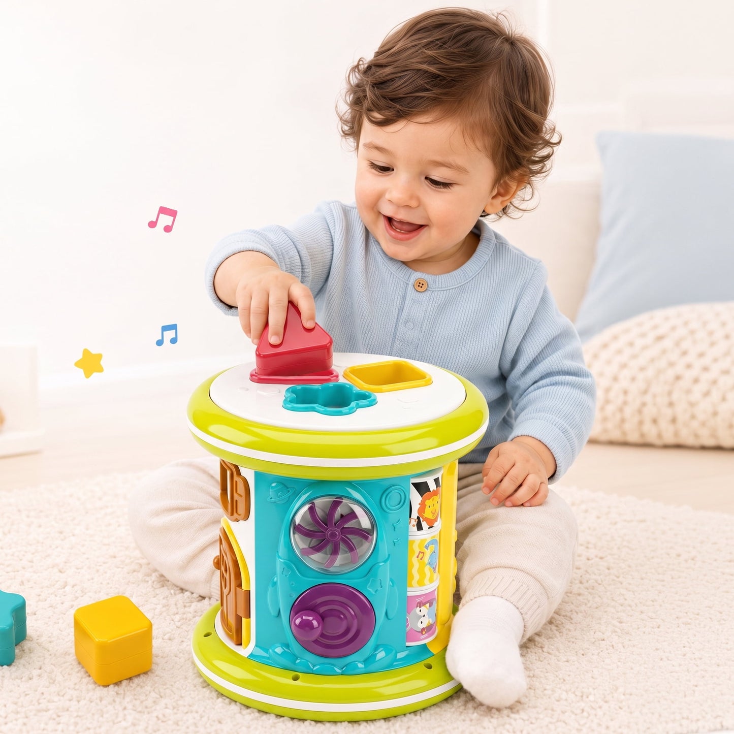 SaveJoy 6-in-1 Musical Activity Drum, Rolling Sensory Toy with Light-Up Hand Drum & Shape Sorter, Montessori Early Learning Gift for Toddlers 1-3