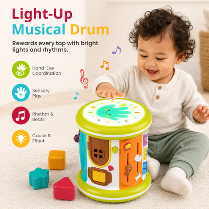 SaveJoy 6-in-1 Musical Activity Drum, Rolling Sensory Toy with Light-Up Hand Drum & Shape Sorter, Montessori Early Learning Gift for Toddlers 1-3