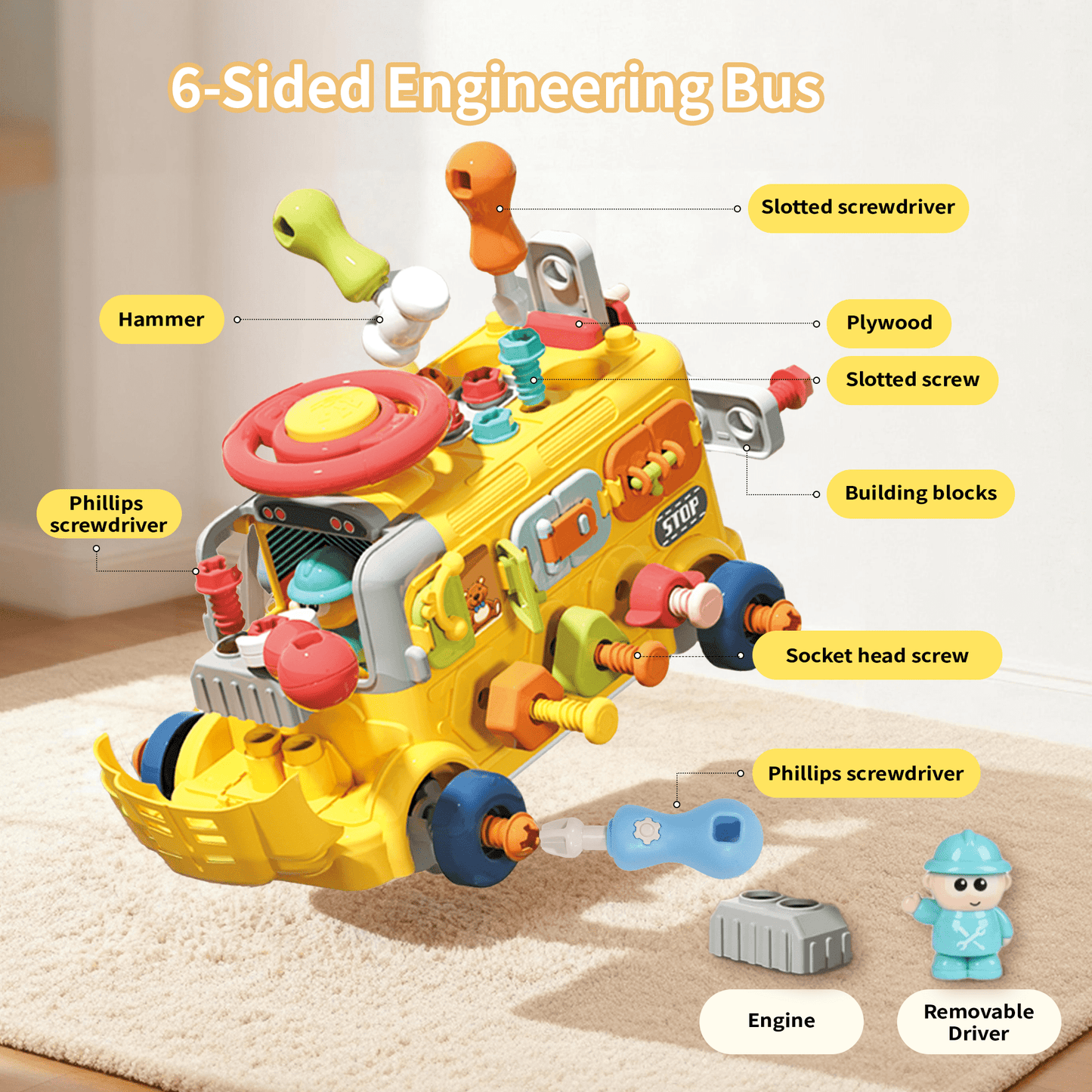 SaveJoy Baby Learning Toy Bus,Assemble Busy Toys Construction Building Vehicle,Engineering Truck Educational Gift for Kids Age 3＋