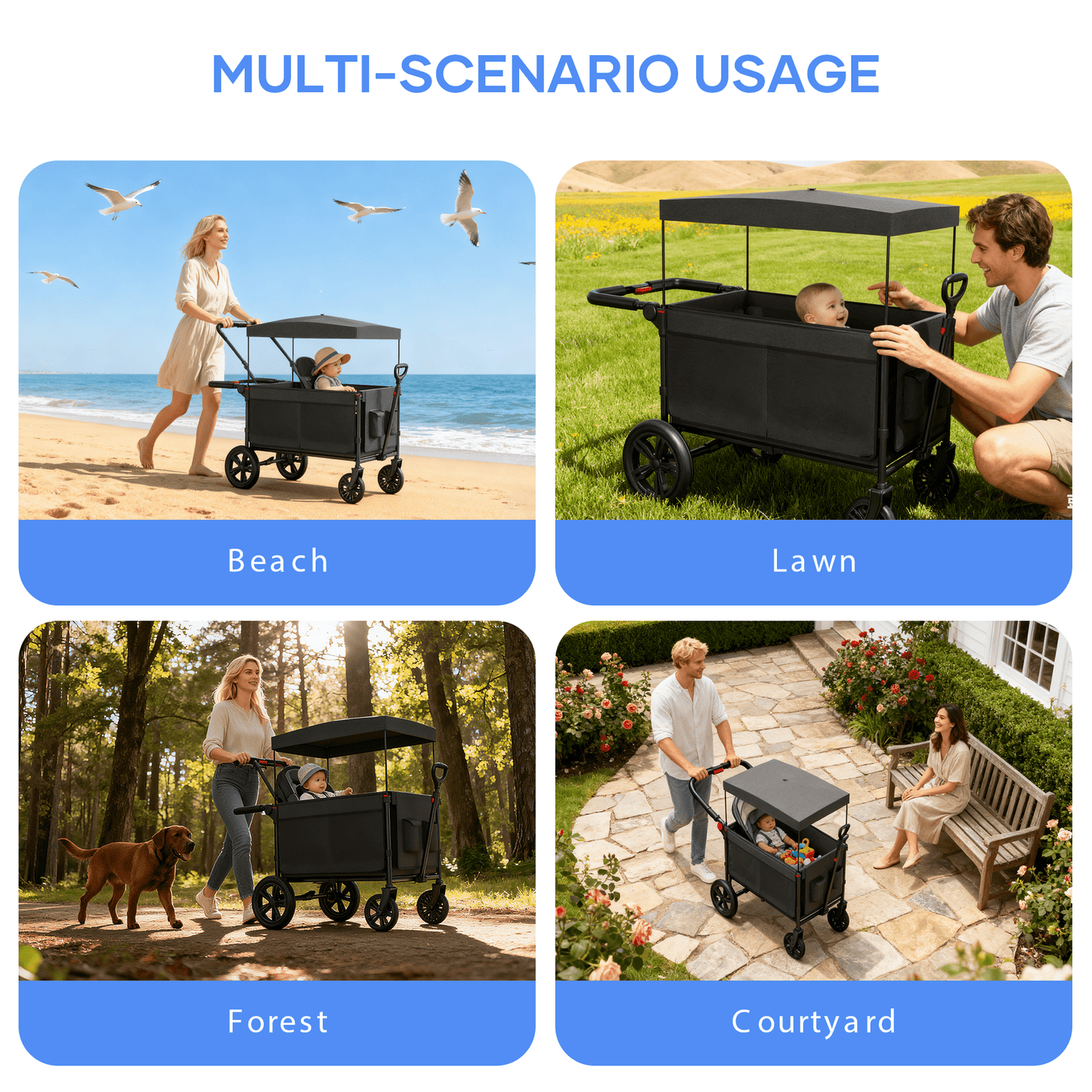 SaveJoy Wagon Stroller, Collapsible Stroller Wagon for 4 Passenger with Adjustable Canopy & 5-Point Harness, Black