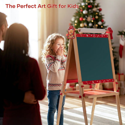 SaveJoy Kids Easel,Reindeer Adjustable Double-Sided Whiteboard,Wooden Toddlers Drawing Chalkboard with Paper & Art Supplies for 3-8 Boys Girls