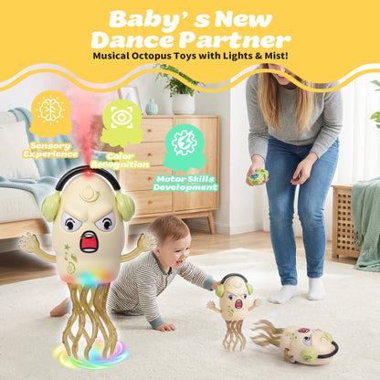 SaveJoy Baby Interactive Toy, Crawling Squid Toy with Mist Spray, Remote Control Dancing Toy with Lights & Music, Sensory Toy for Toddlers 3+