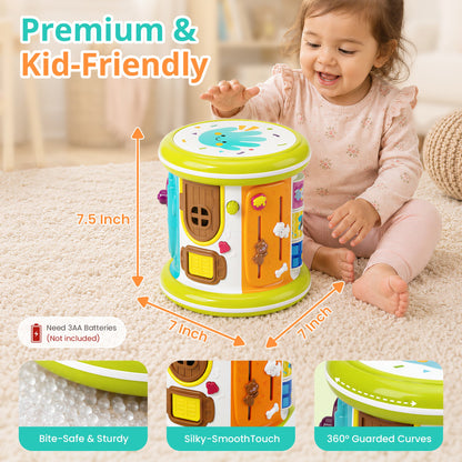 SaveJoy 6-in-1 Musical Activity Drum, Rolling Sensory Toy with Light-Up Hand Drum & Shape Sorter, Montessori Early Learning Gift for Toddlers 1-3