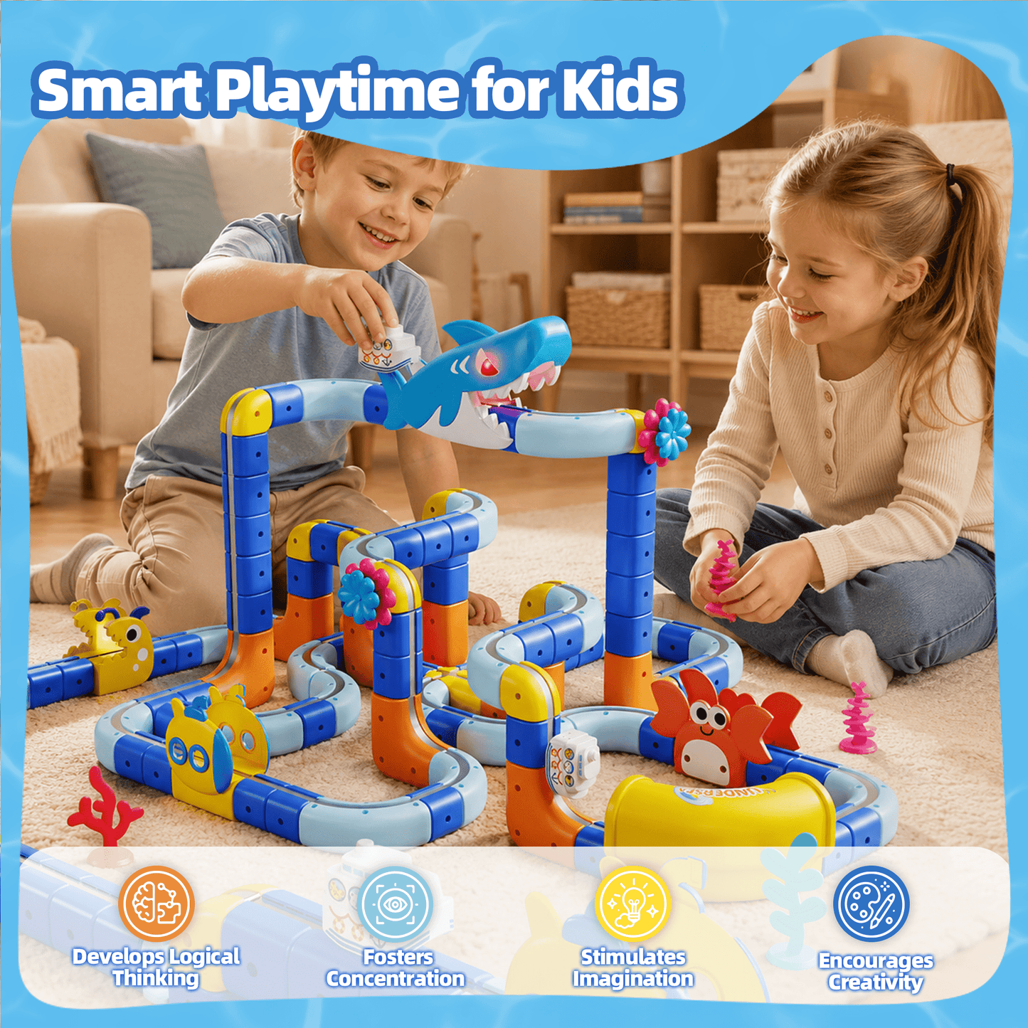 SaveJoy 193PCS Ocean Theme Track Race Car Set,STEM Building Toy with Electric Vehicle, DIY Construction Train Set for Boys Girls Ages 3-12