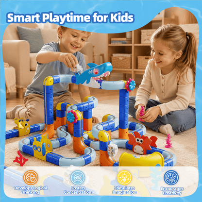 SaveJoy 193PCS Ocean Theme Track Race Car Set,STEM Building Toy with Electric Vehicle, DIY Construction Train Set for Boys Girls Ages 3-12