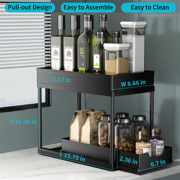 2-Tier Under Sink Organizer, Sliding Under Bathroom Cabinet Storage Drawer Organizer with Hooks, Hanging Cup, Multi-purpose Under Sink Shelf Organizer, Black
