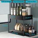 2-Tier Under Sink Organizer, Sliding Under Bathroom Cabinet Storage Drawer Organizer with Hooks, Hanging Cup, Multi-purpose Under Sink Shelf Organizer, Black