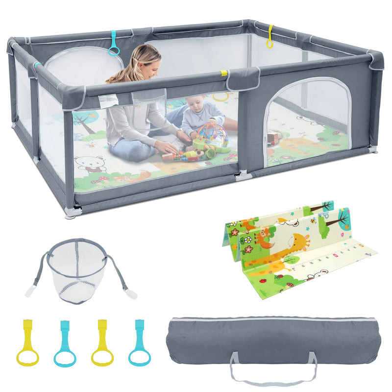 Baby Playpen with Mat, CAUTUM 79"x59" Extra Large Play Yard for Toddlers, Indoor & Outdoor Kids Activity Center with Safety Gates and Breathable Mesh, BPA-Free, Non-Toxic