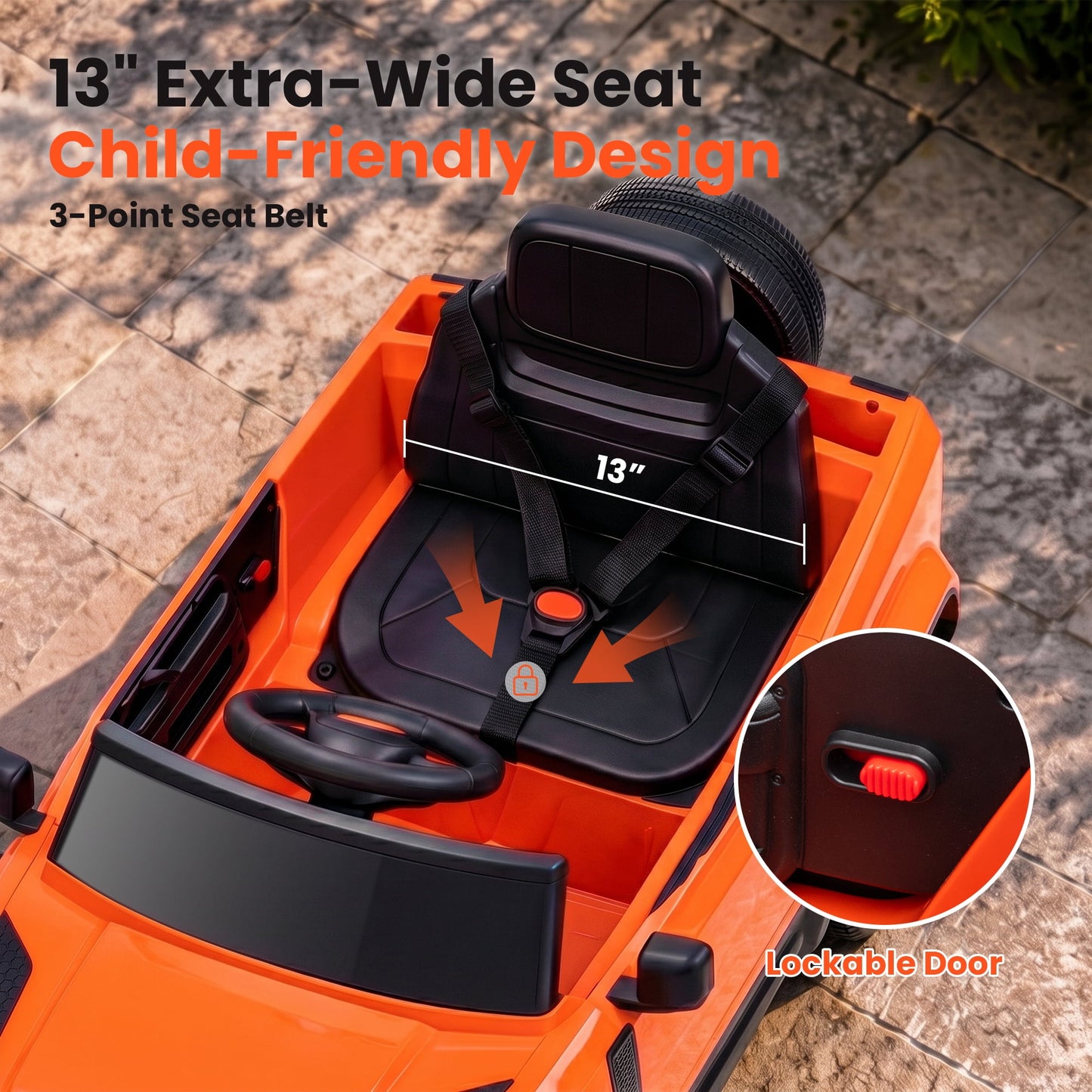 SaveJoy 12V Licensed Land Rover Defender Ride on Car, Electric Truck for Kids with 2.4G Remote Control, 3-Point Belt, Spring Suspension, Bluetooth, Orange